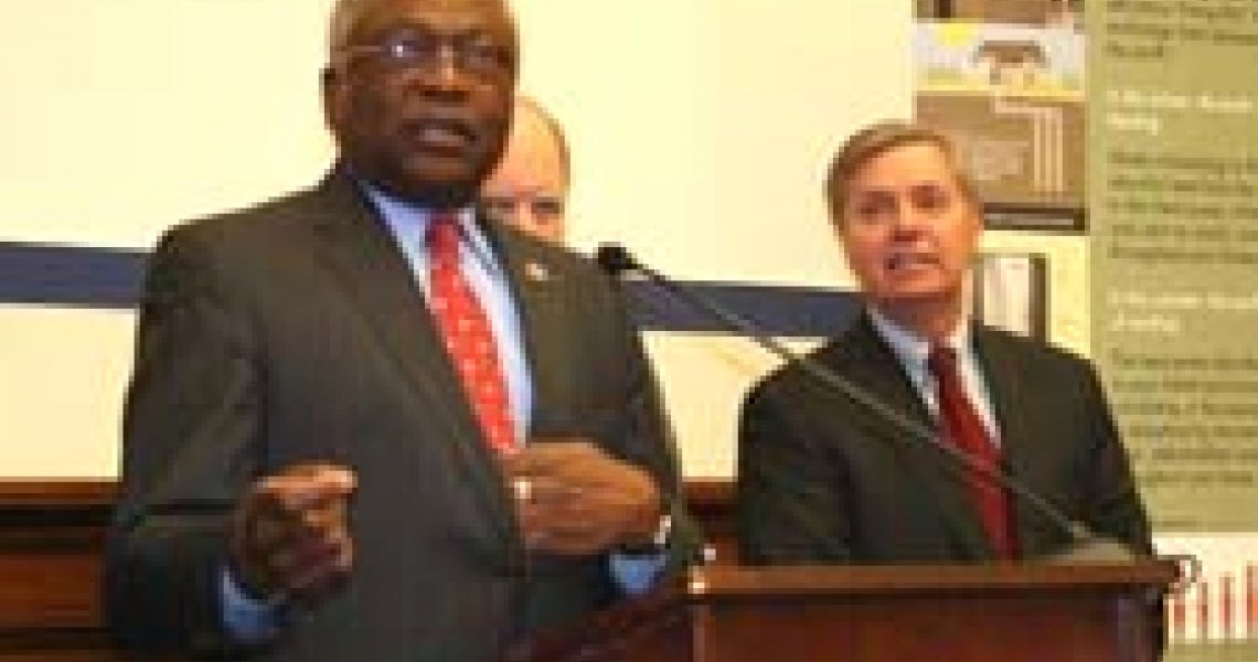 House Majority Whip James E. Clyburn, D-SC discusses legislation to create the Rural Energy Savings Program. Looking on are Rep. John Spratt, D-SC and Sen. Lindsey Graham, R-SC.